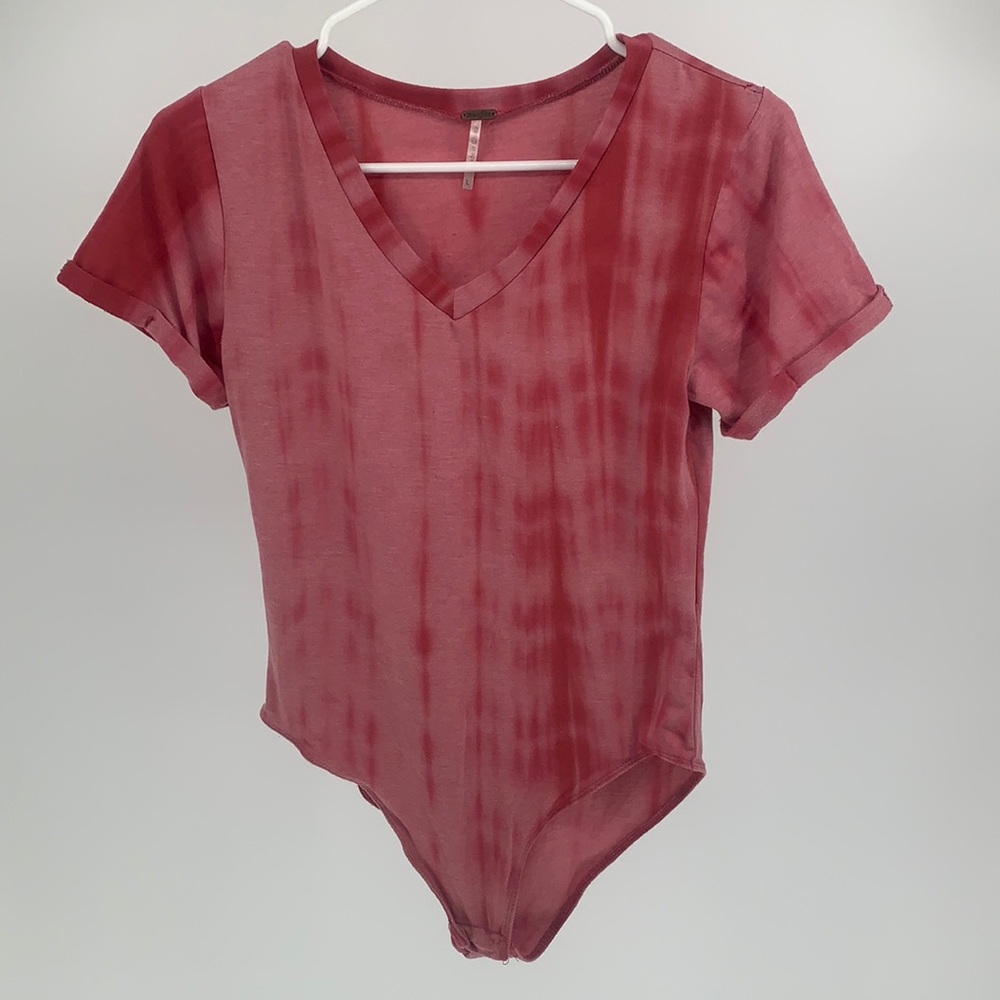 Tie Dye Bodysuit Pink Short Sleeve V Neck Top Poof